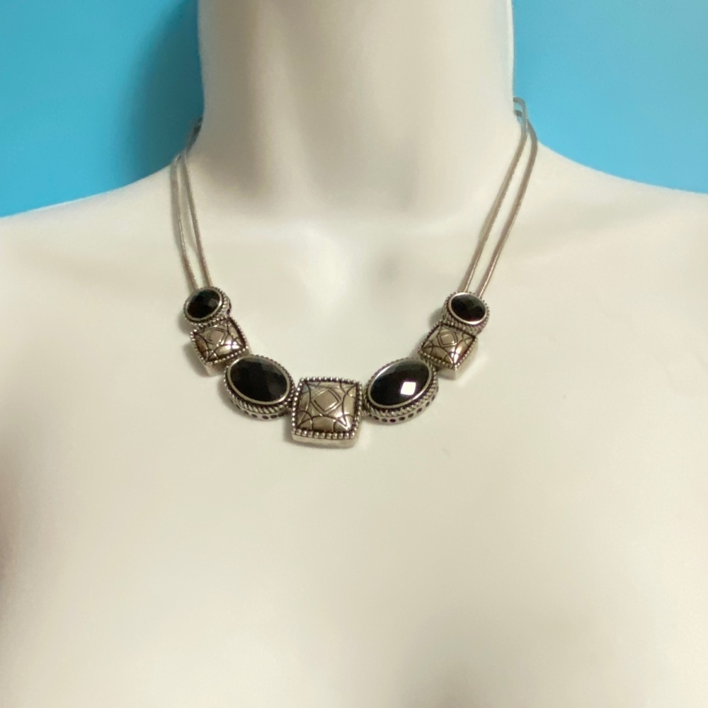 Black & Silver Tone Chunky Statement Necklace Boho Style